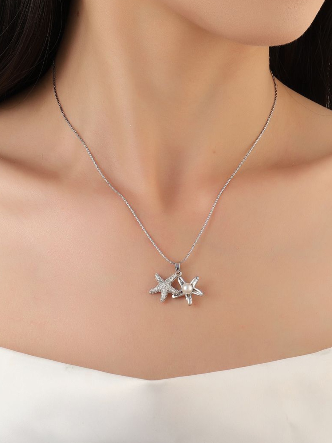 

SALTY Stainless Steel Star Fish Pearl Beaded Pendants With Chains, Silver