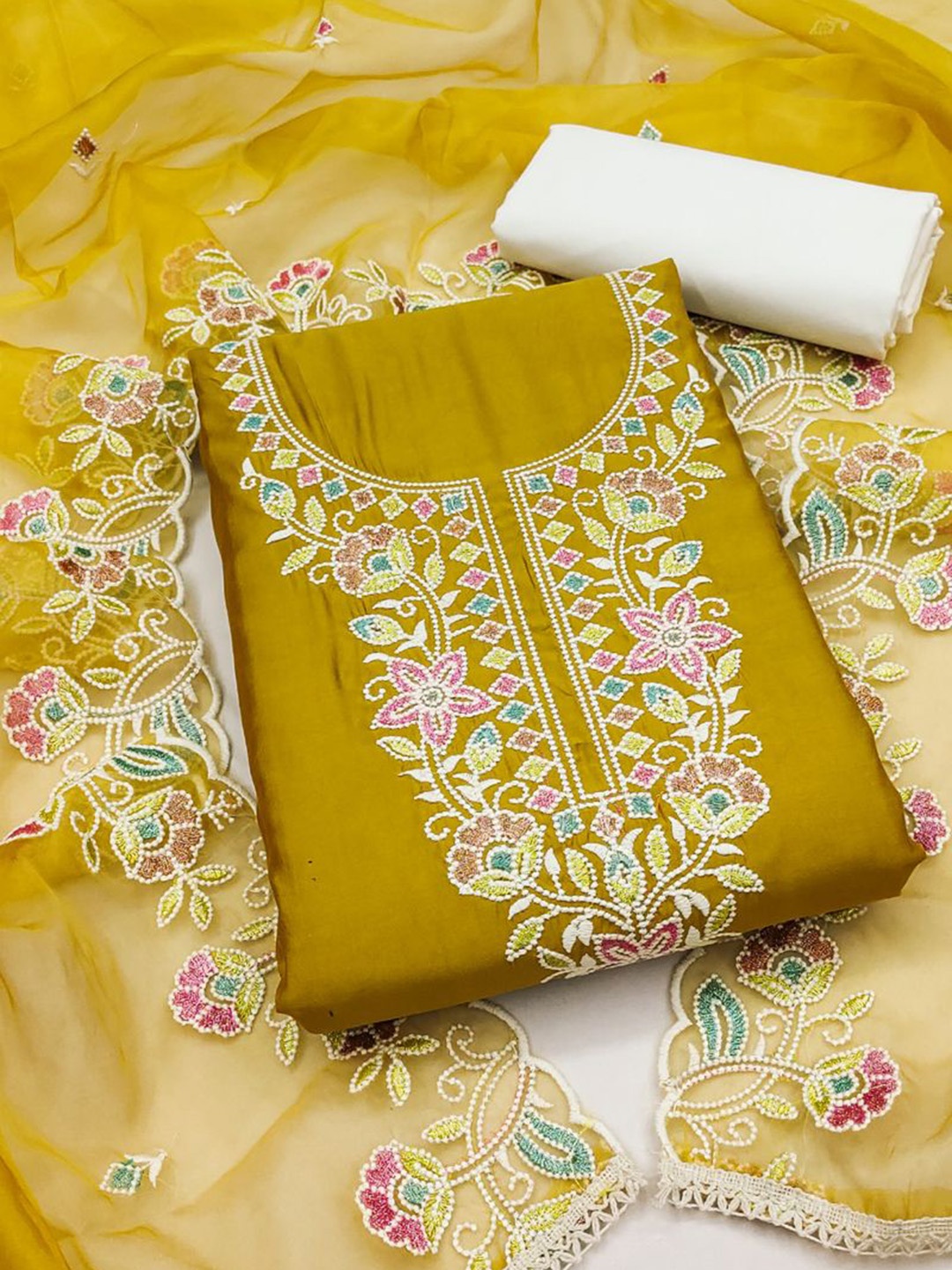 

ASISA Floral Embroidered Thread Work Unstitched Dress Material, Yellow