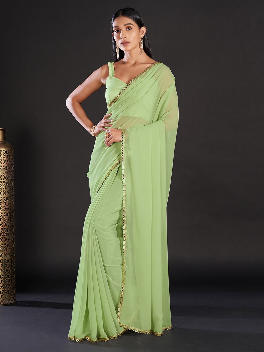 

KALINI Solid Mirror Work Poly Georgette Saree, Green