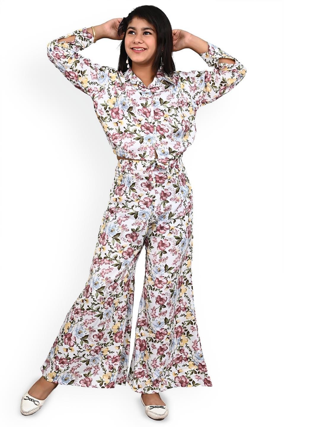 

FELLAMO Girls Floral Printed Shirt With Trousers, White