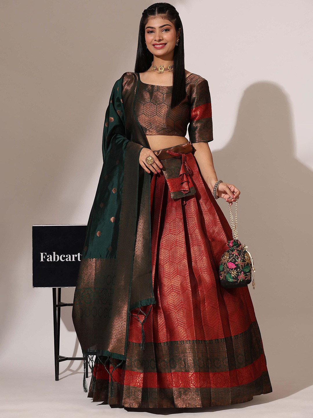 

Fabcartz Woven Design Semi-Stitched Lehenga & Unstitched Blouse With Dupatta, Maroon