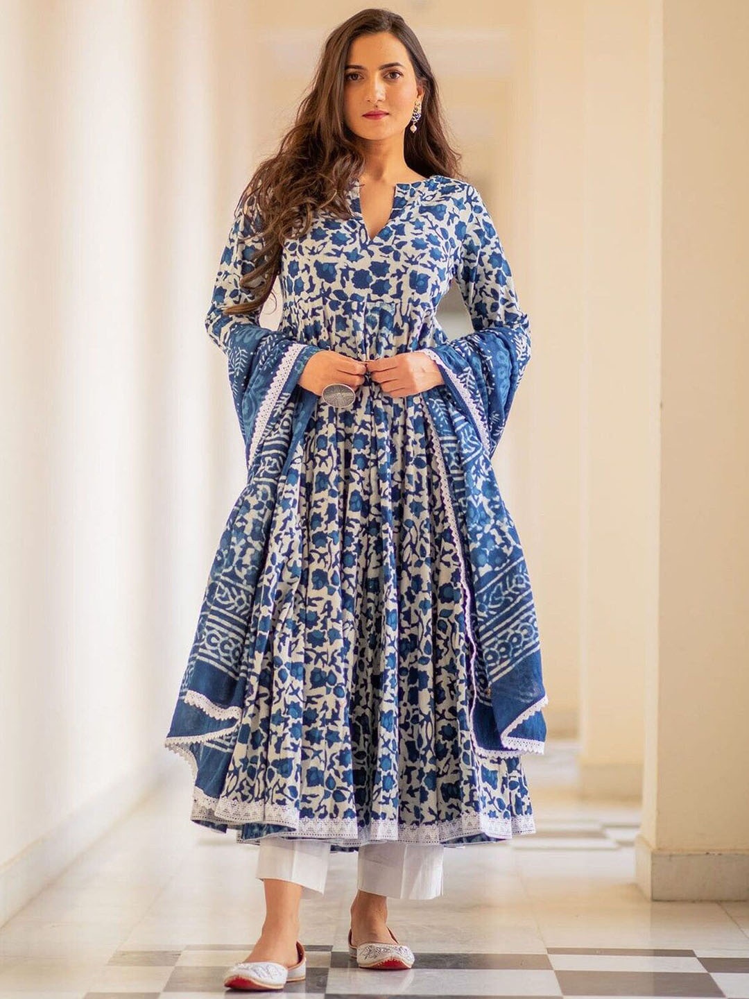 

Anni Designer Floral Printed Mandarin Collar Anarkali Kurta With Trouser & Dupatta, Blue