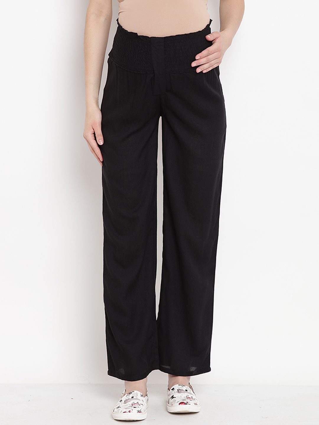 

Mine4Nine Women Comfort High-Rise Easy Wash Maternity Trousers, Black