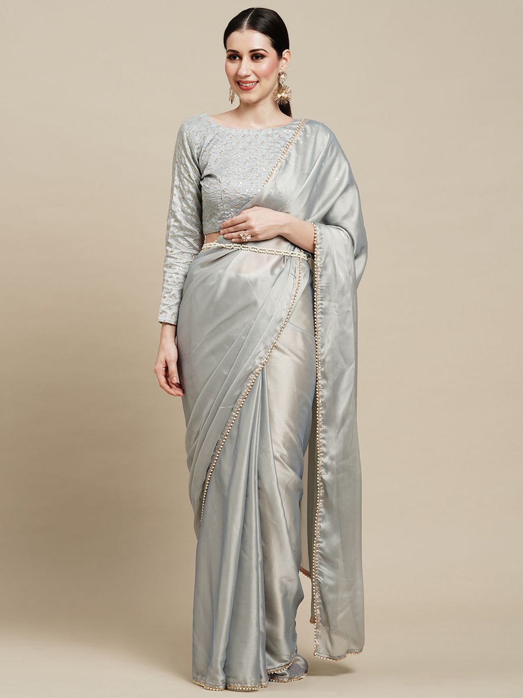 

KALINI Solid Sequinned Saree With Embellished Border, Metallic