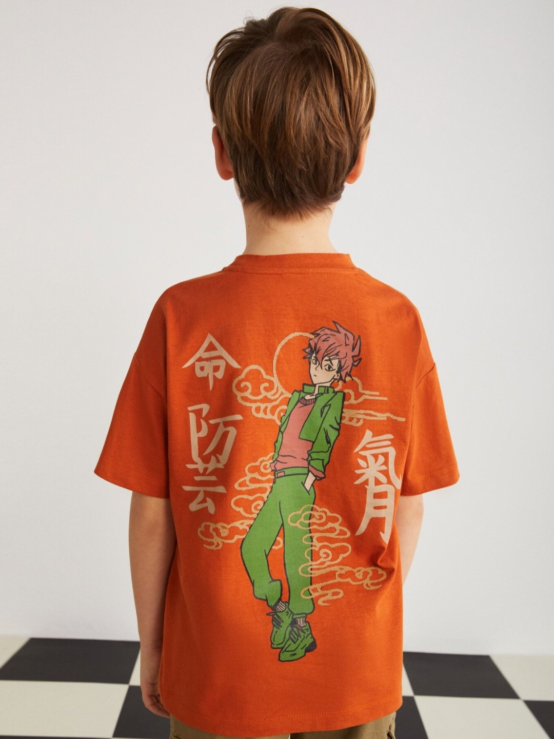 

GRIMELANGE Boys Graphic Printed Round Neck Cotton T-shirt, Orange