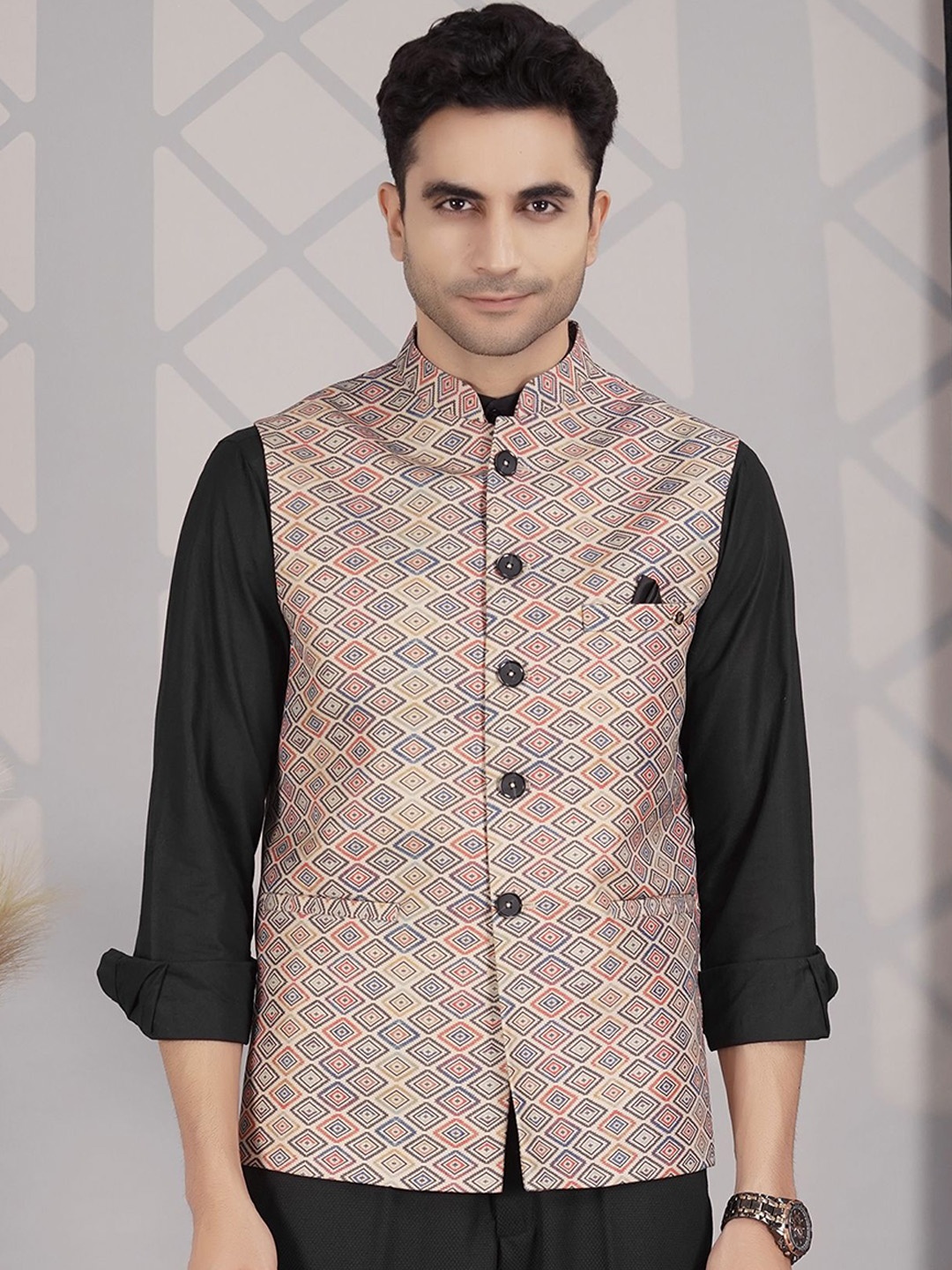 

LA'SCOOT Printed Mandarin Collar Nehru Jacket, Beige