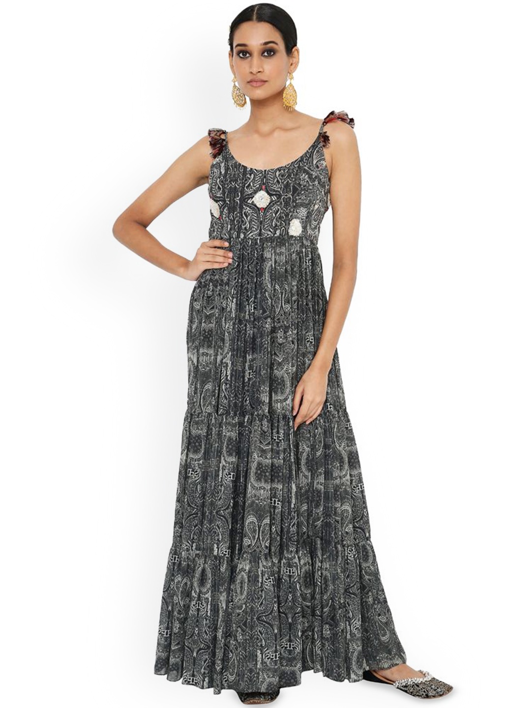 

Payal Singhal Ethnic Motifs Printed Shoulder Straps Fit & Flare Maxi Ethnic Dress, Black