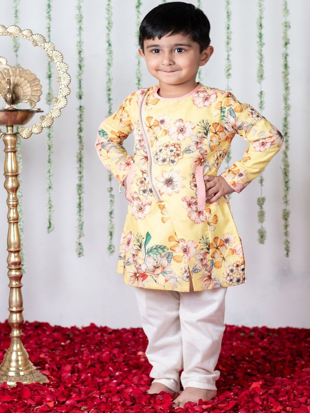

Li'l Angels Boys Floral Printed Angrakha Kurta with Churidar, Yellow