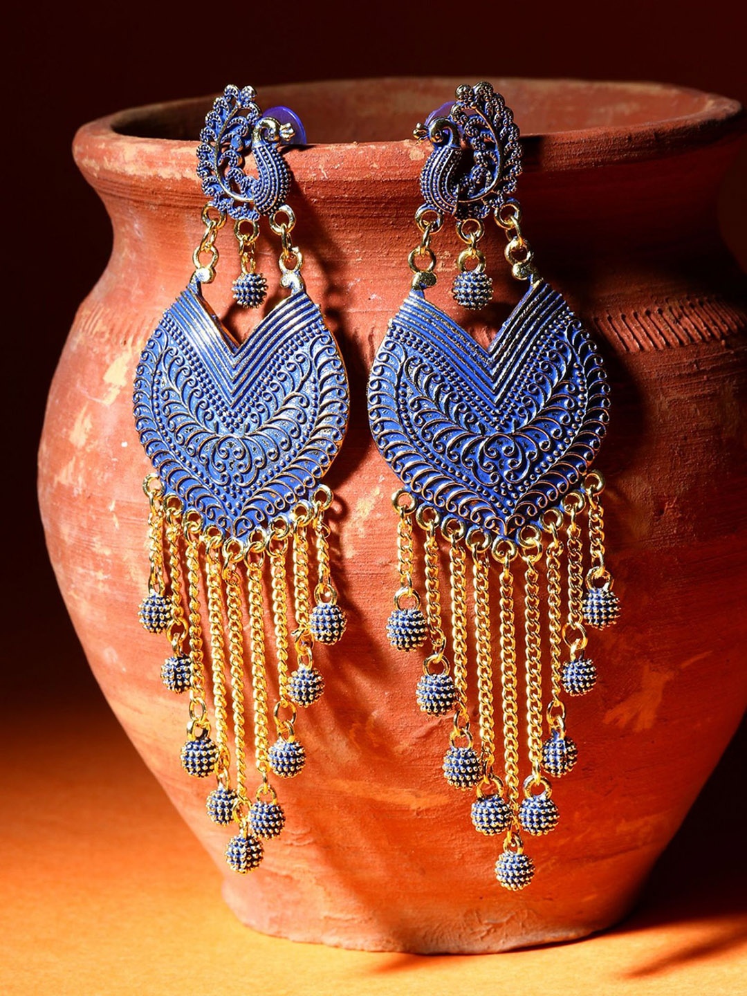 

ANIKAS CREATION Gold-Plated Contemporary Peacock Shaped Drop Earrings, Blue