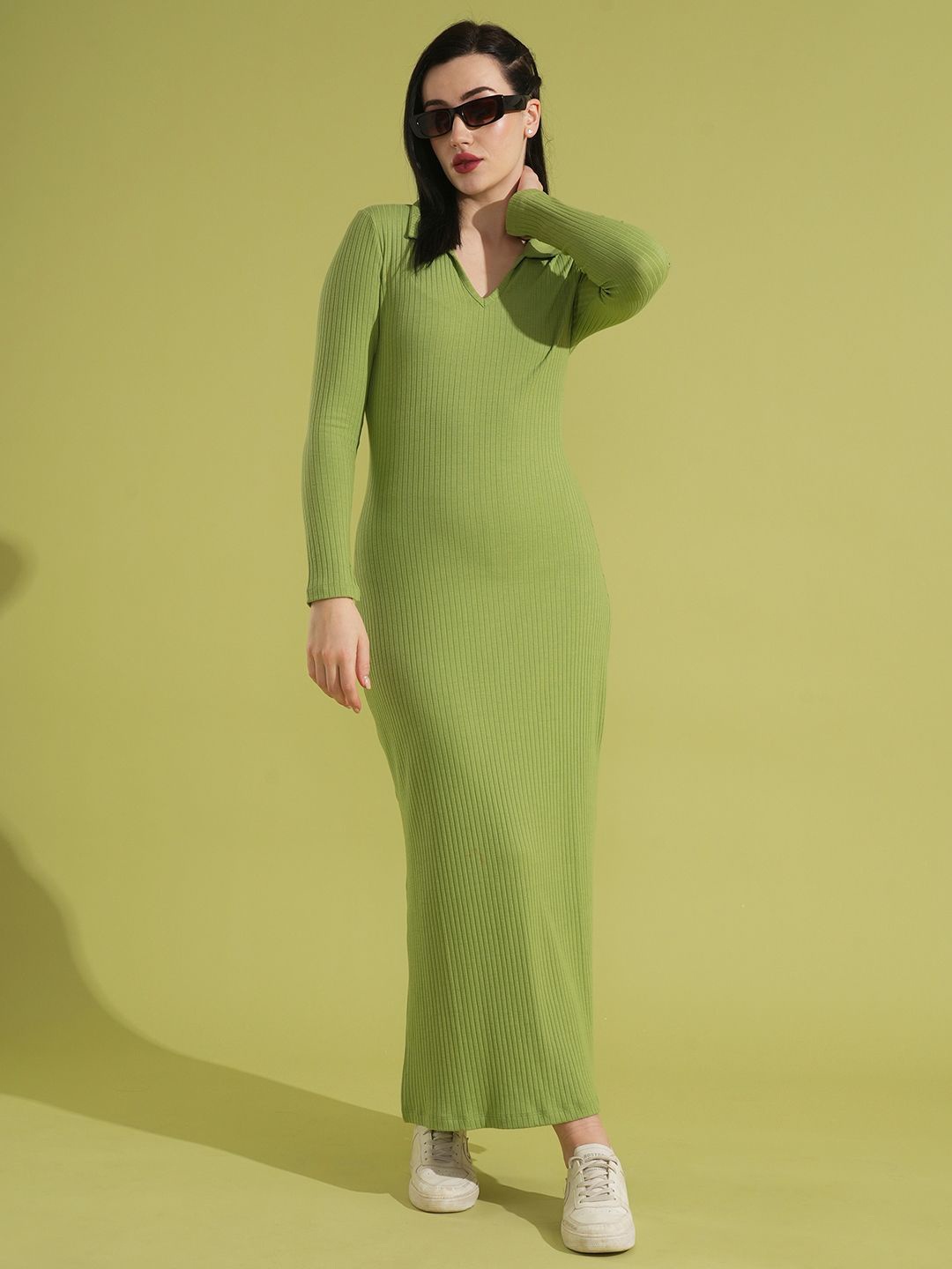 

Globus Collared Ribbed Maxi Dress, Green