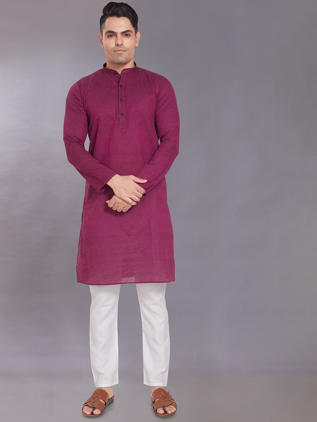 

DIVISIVE Mandarin Collar Regular Pure Cotton Kurta With Pyjama, Purple