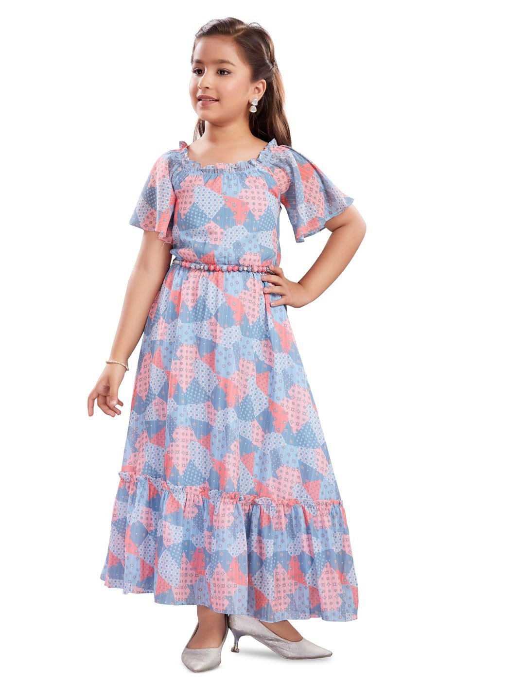 

Lei-Chie Girls Floral Printed Flared Sleeve Belted Maxi Dress, Blue