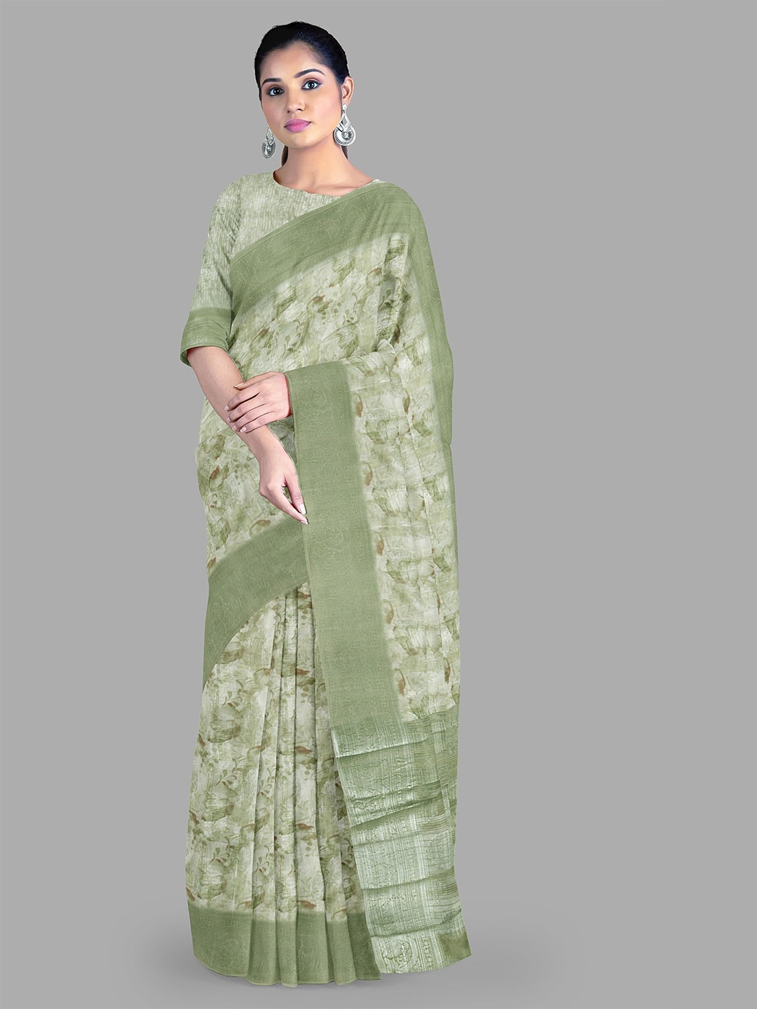 

The Chennai Silks Floral Printed Zari Saree, Green
