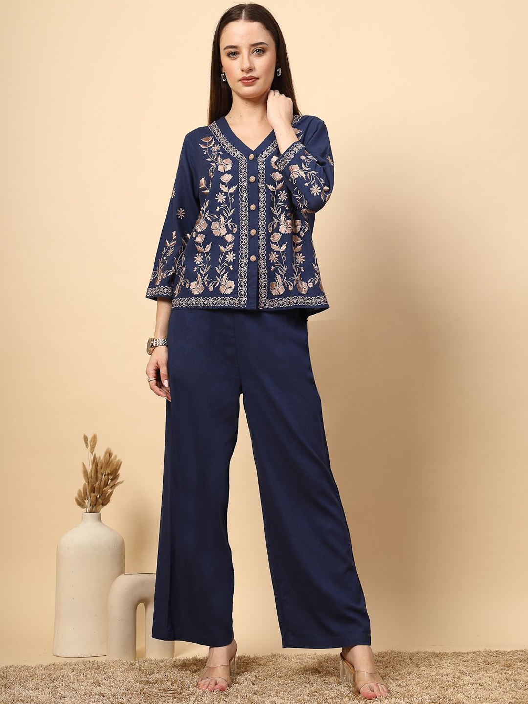 

Gipsy Floral Embroidered Linen Top With Trousers, Blue