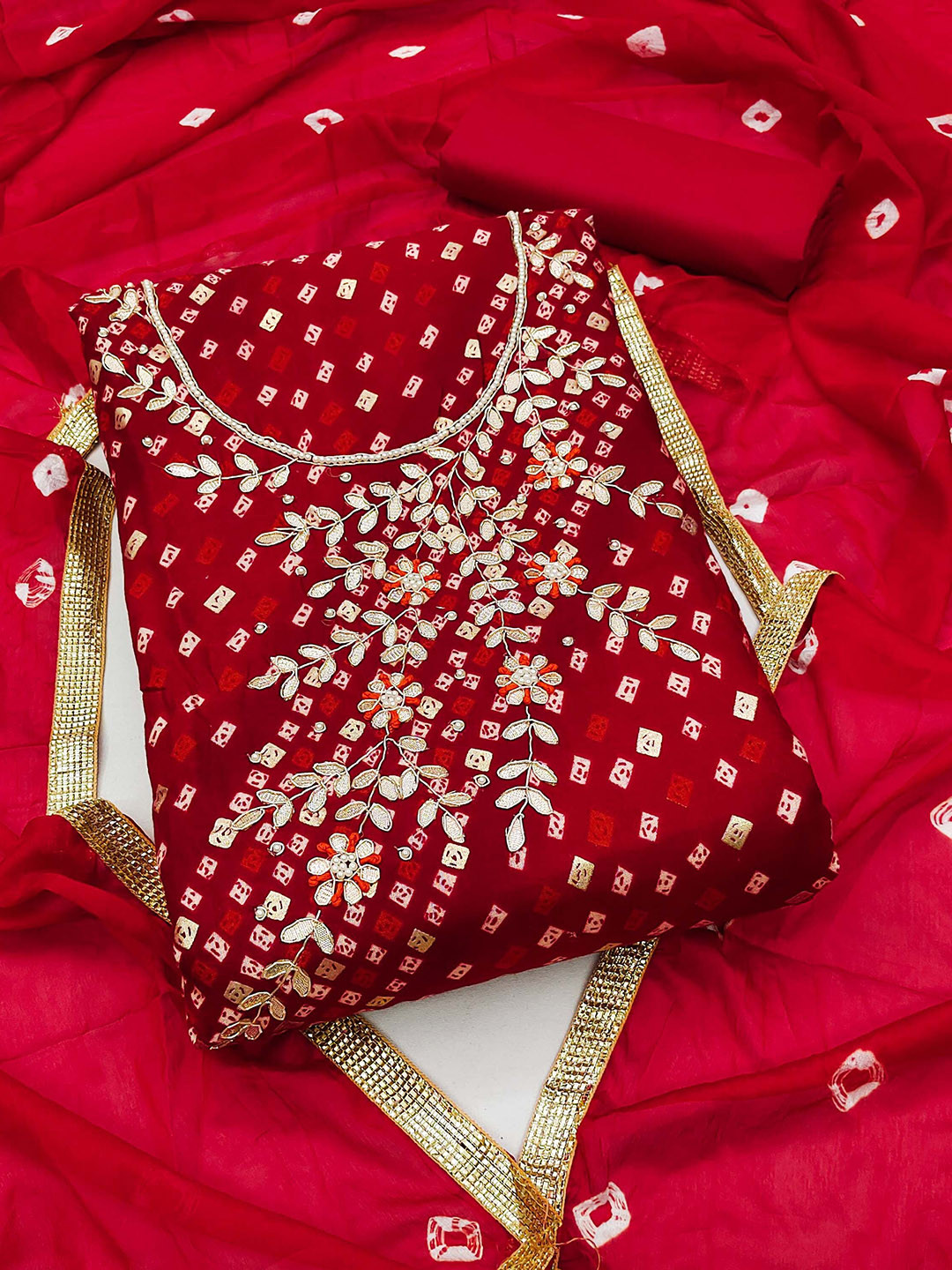 

Ishin Printed Beads & Stones Pure Cotton Unstitched Dress Material, Red