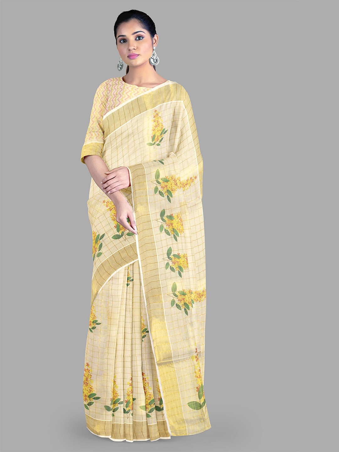 

The Chennai Silks Floral Zari Pure Cotton Kasavu Saree, Off white