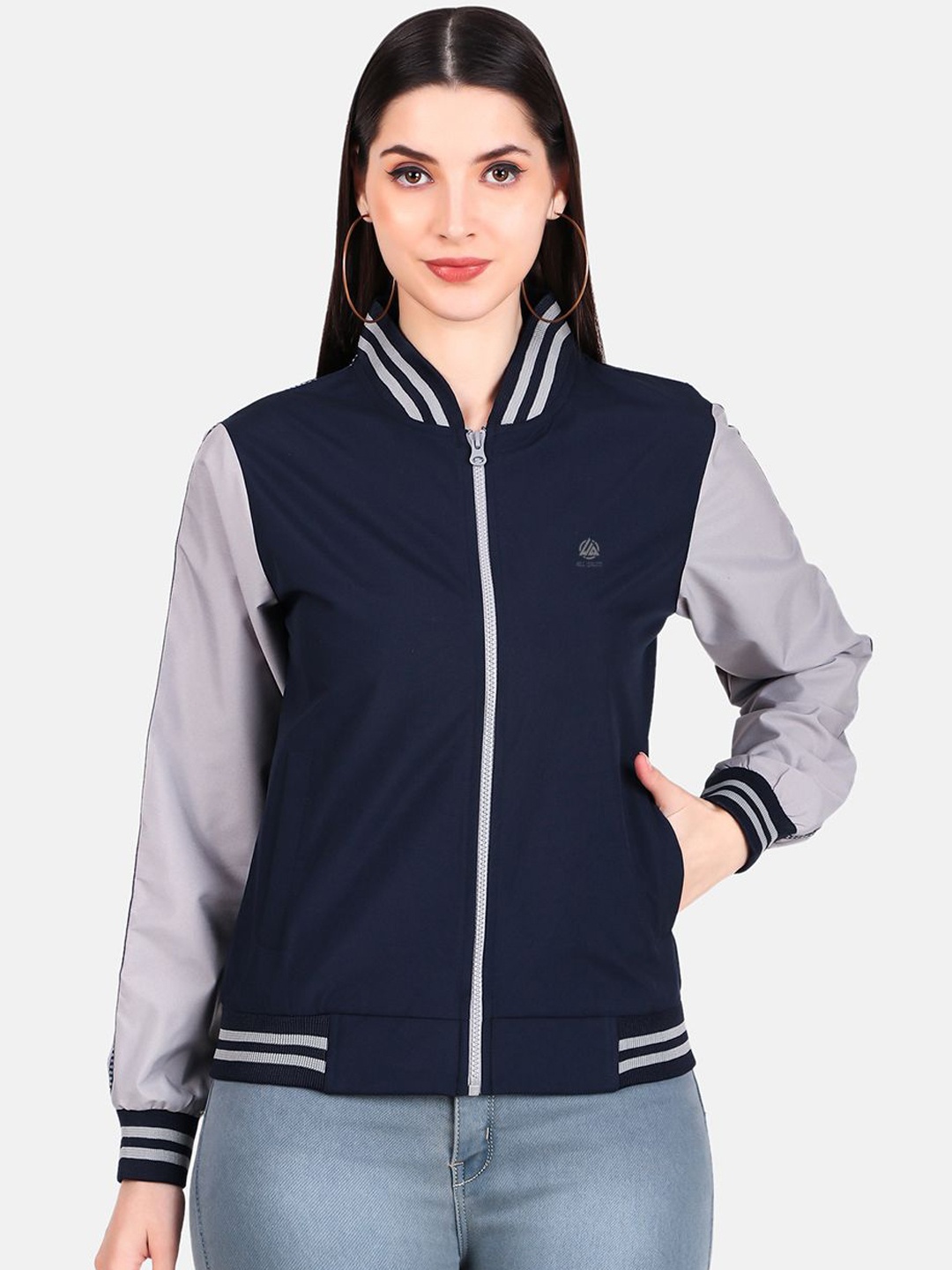 

WELL QUALITY Women Colourblocked Windcheater Training or Gym Sporty Jacket with Embroidered, Navy blue