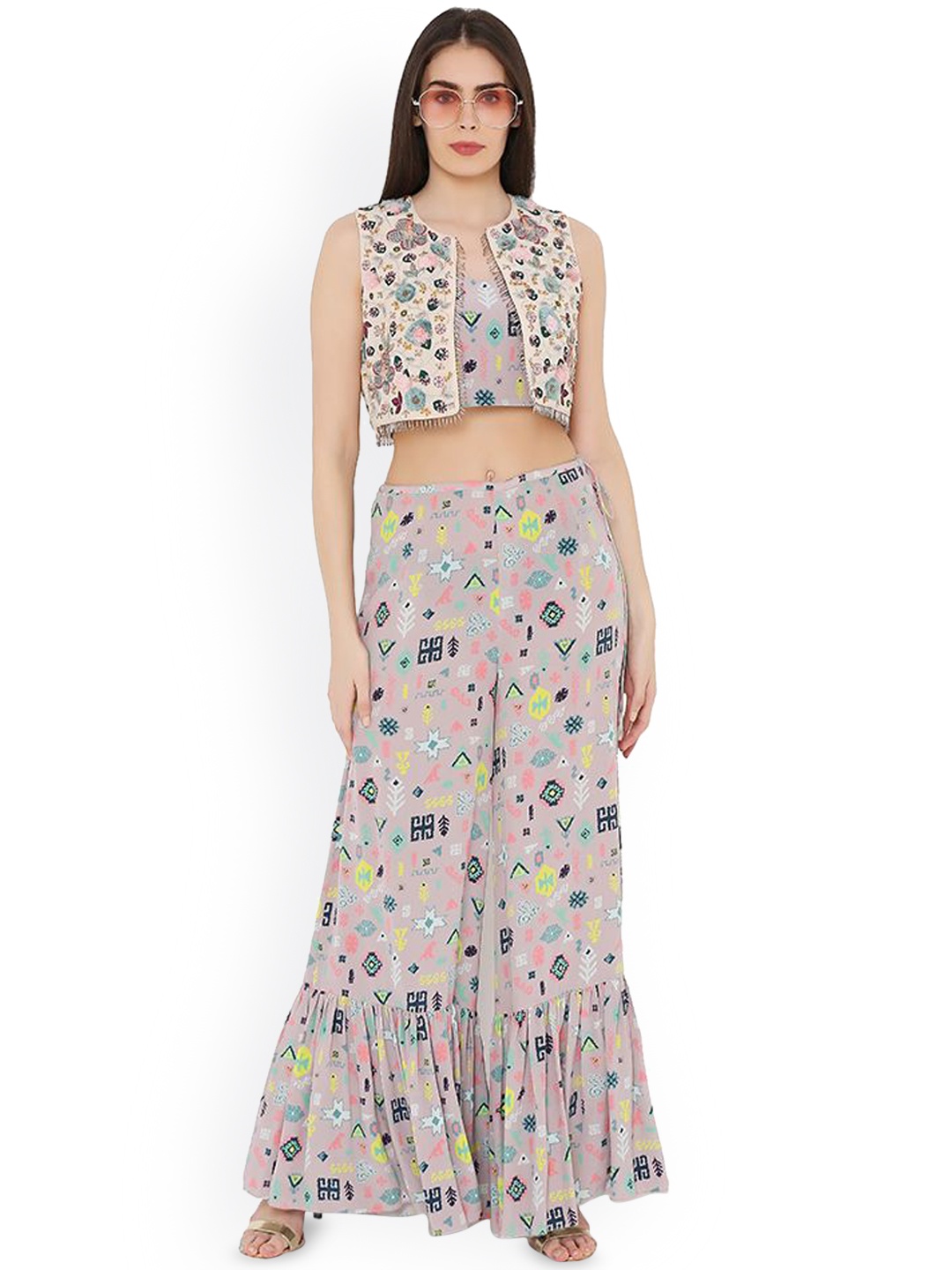 

Payal Singhal Printed Top with Palazzos & Jacket, Lavender