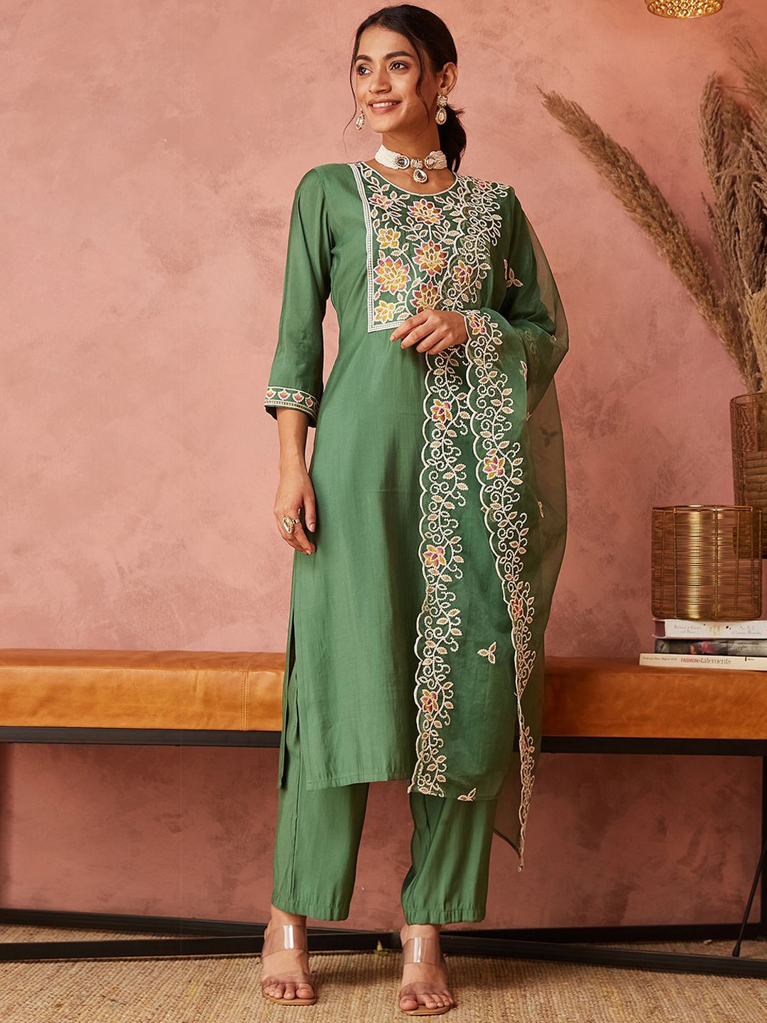 

KALINI Floral Embroidered Sequinned Straight Kurta with Trousers & Dupatta, Green