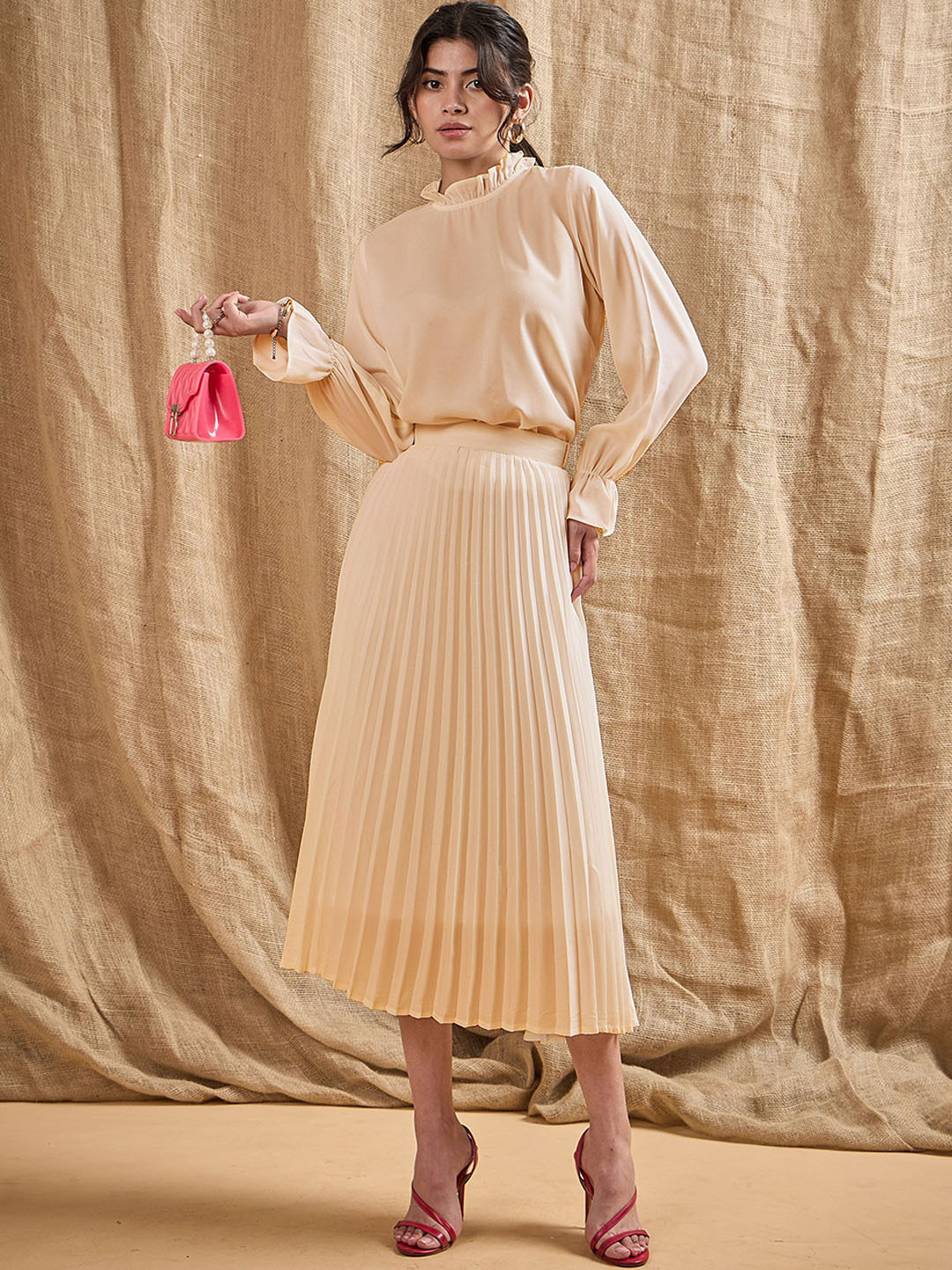 

SASSAFRAS Ruffled Neck Top With Midi Skirt, Beige