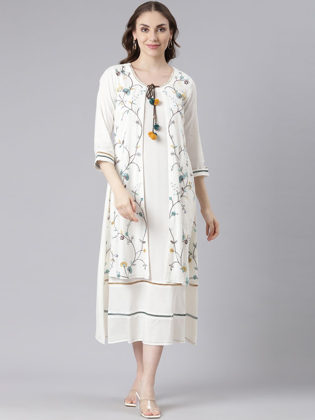 

Neerus Floral Printed Round Neck Three-Quarter Sleeves A-Line Kurta, White