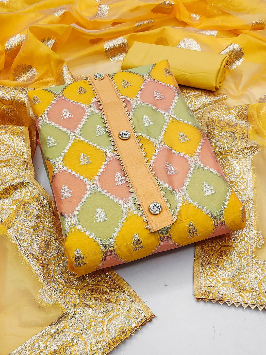 

Ishin Ethnic Motifs Woven Design Zari Organza Unstitched Dress Material, Yellow