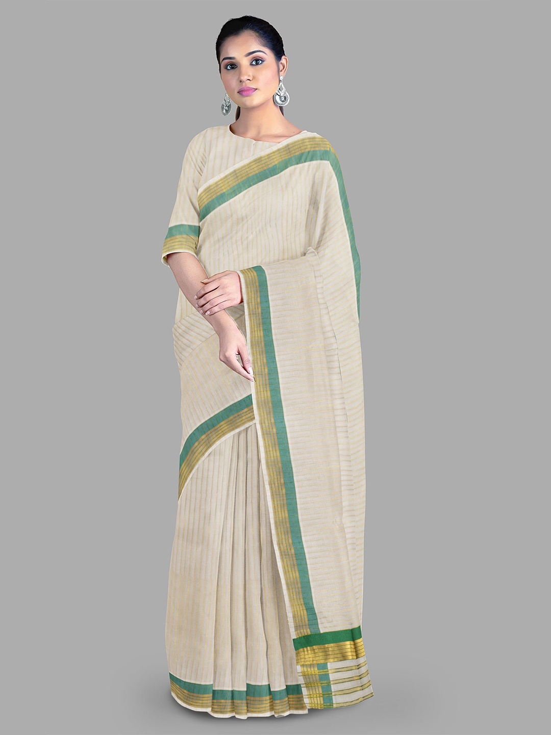 

The Chennai Silks Striped Zari Pure Cotton Kasavu Saree, Off white