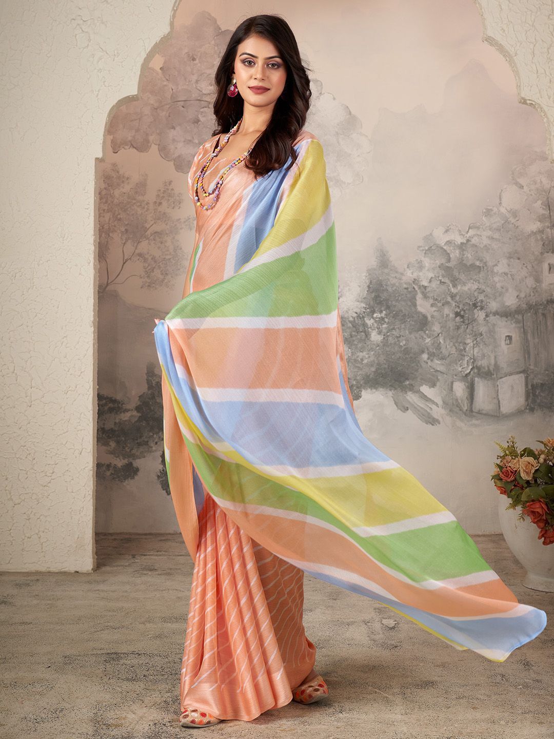 

Mitera Leheriya Printed Leheriya Saree, Peach