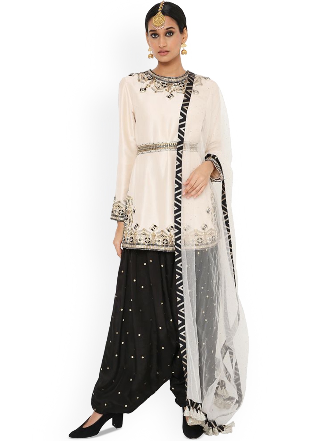 

Payal Singhal Embroidered Beads & Stones Raw Silk Straight Kurti with Salwar & Dupatta, Black