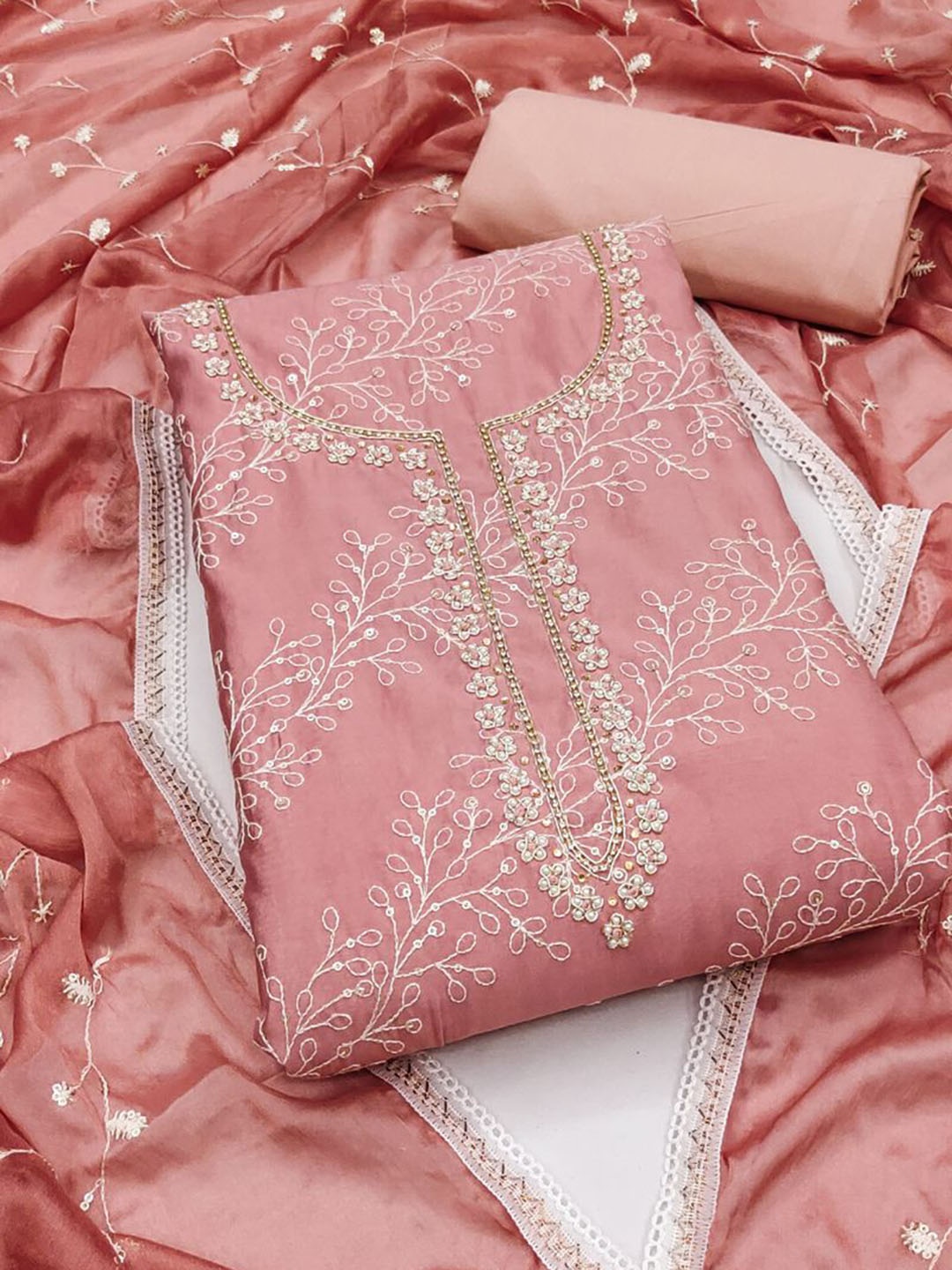 

ASISA Floral Embroidered Sequinned Unstitched Dress Material, Peach