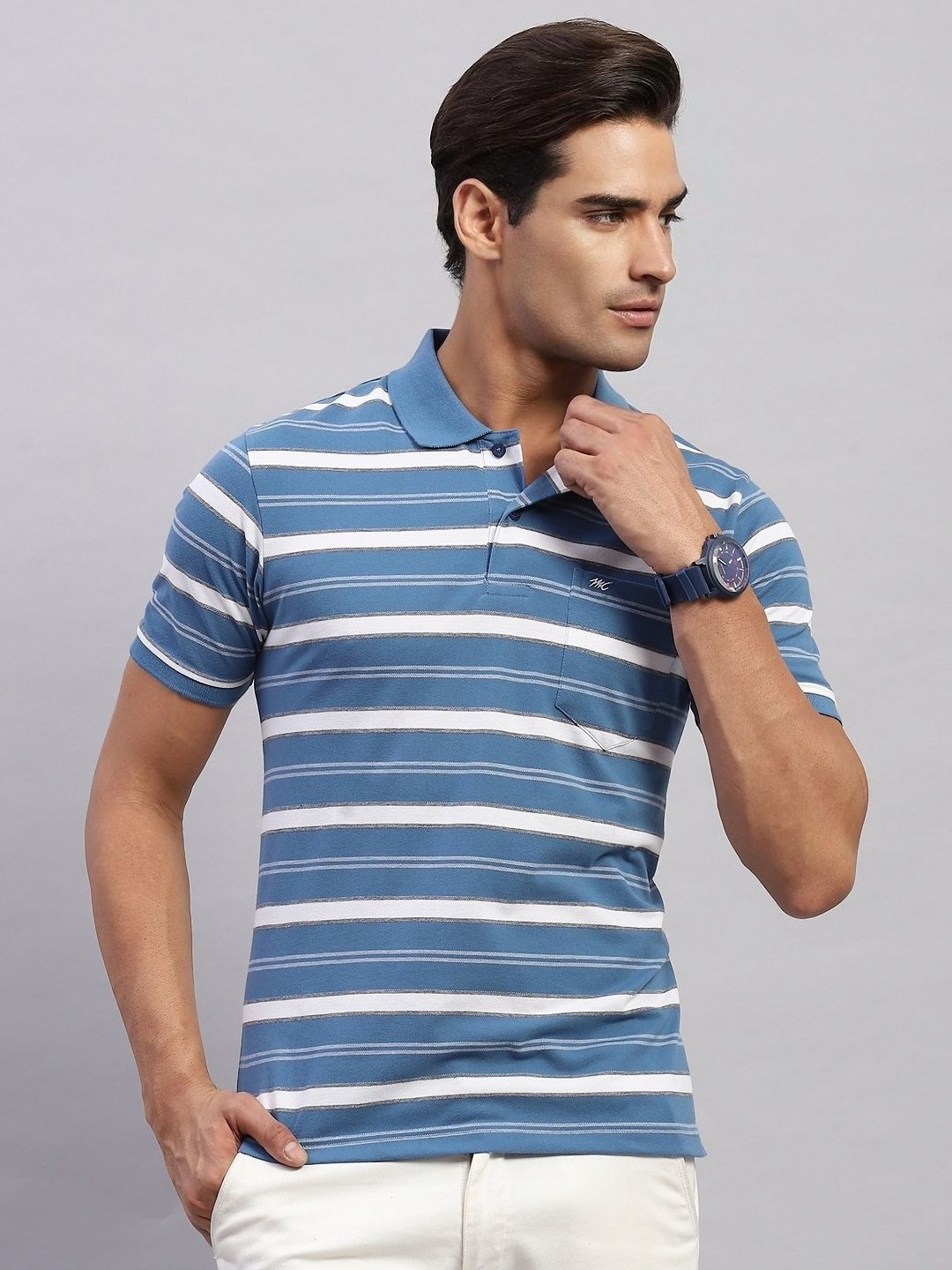 

Monte Carlo Men Striped Polo Collar Cotton T-shirt, Blue