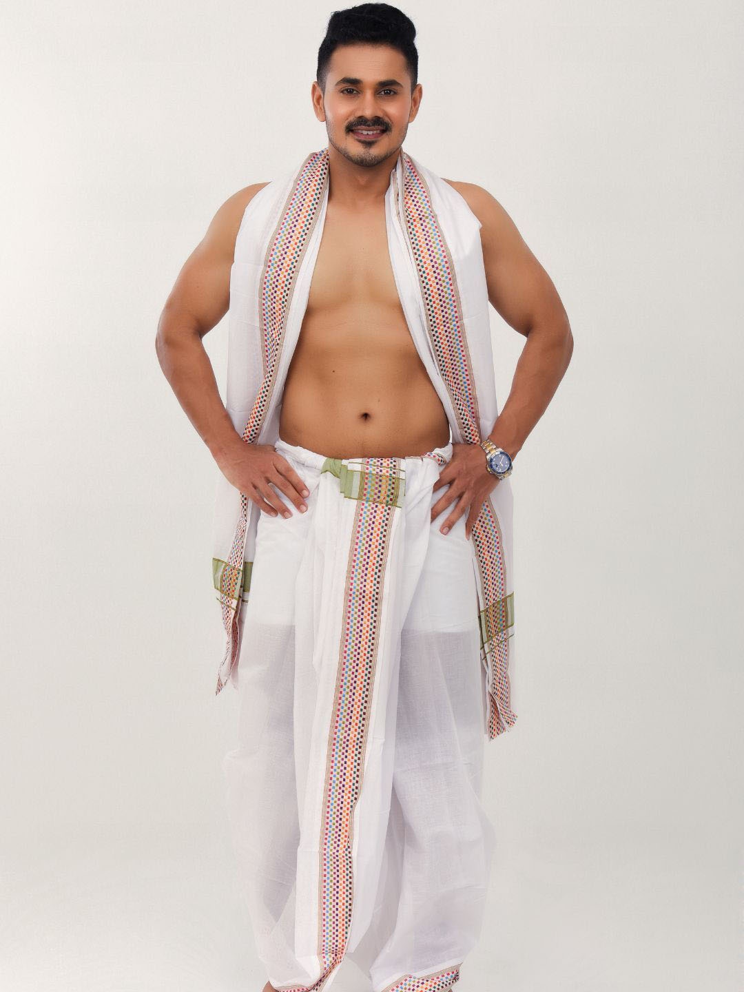 

Ethazh Men Solid Cotton Dhoti With Angavastram, White