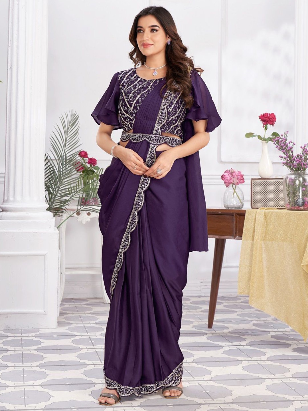 

JIVORA Embroidered Satin Ready to Wear Solid Saree, Purple