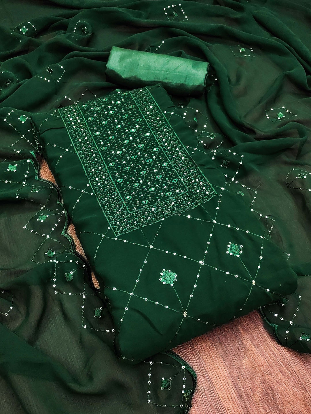 

Ishin Floral Embroidered Sequinned Silk Georgette Unstitched Dress Material, Green