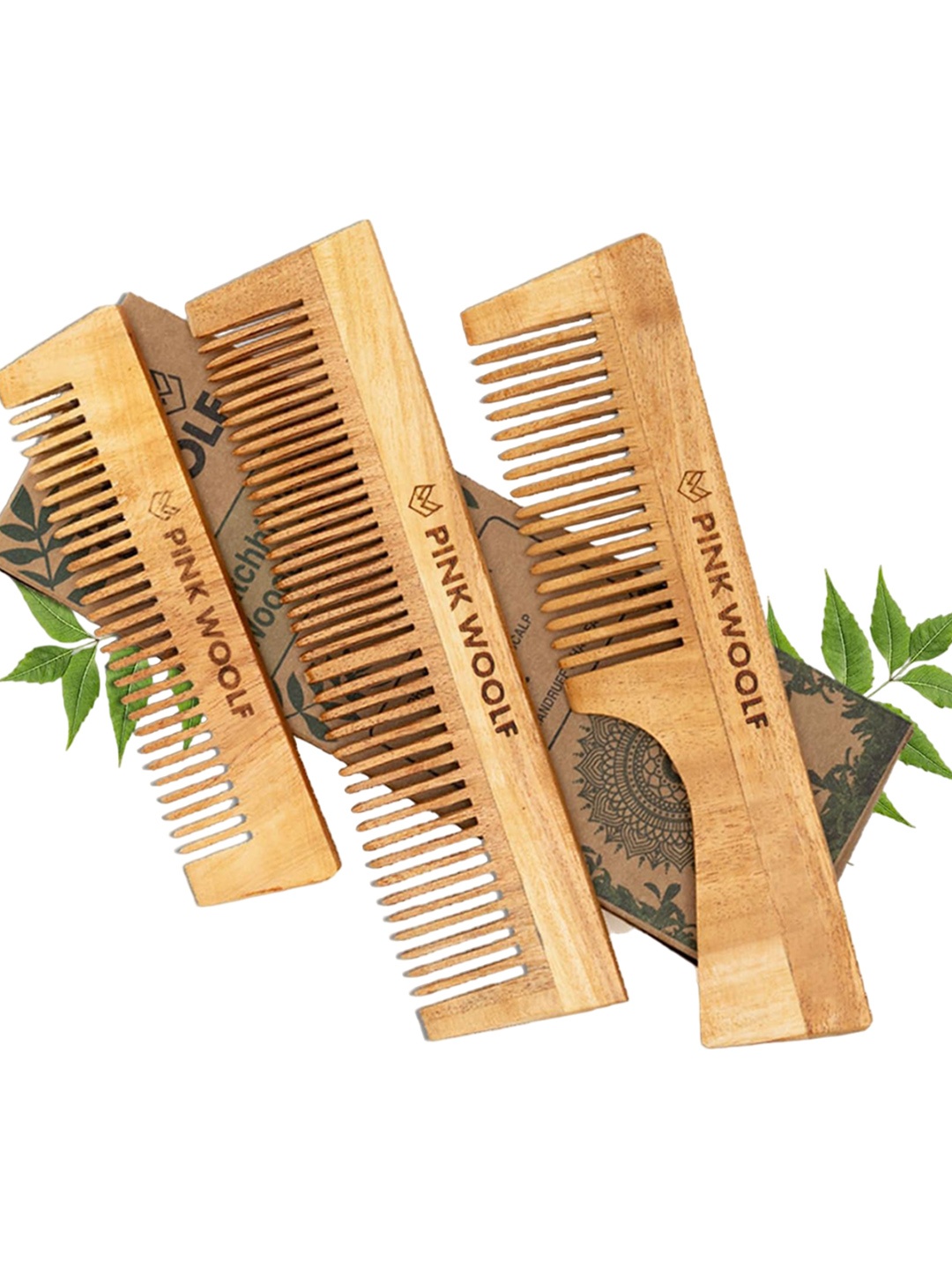 

PINK WOOLF Set Of 3 Katchhi Neem Wooden Anti-Bacterial Hair Comb, Camel brown