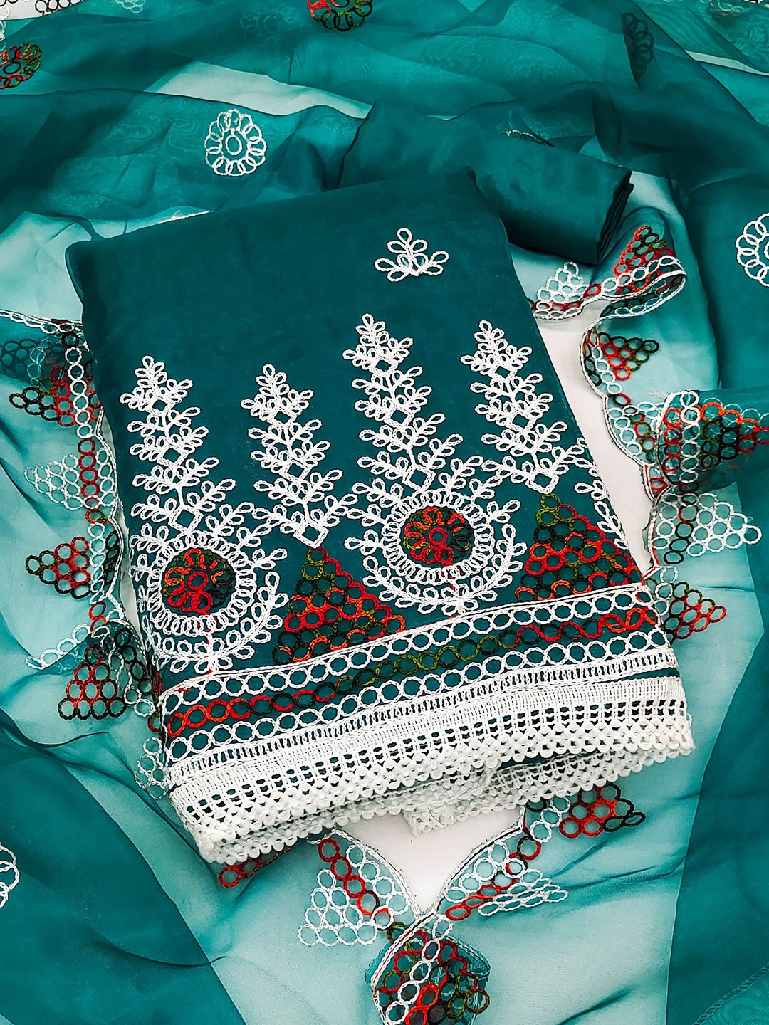 

Ishin Ethnic Motifs Embroidered Organza Unstitched Dress Material, Green