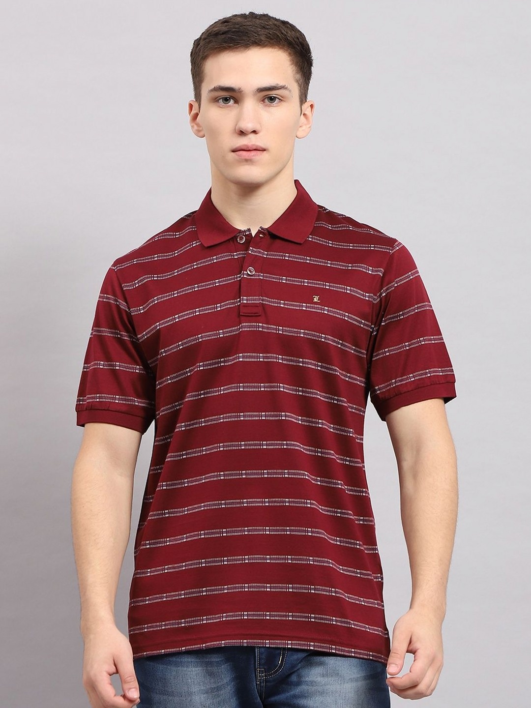 

Monte Carlo Men Striped Polo Collar Cotton T-shirt, Red