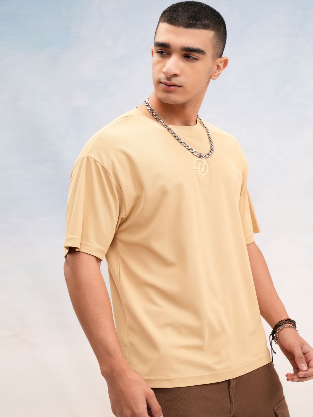 

HIGHLANDER Men Brand Logo Printed Round Neck Oversized T-shirt, Beige