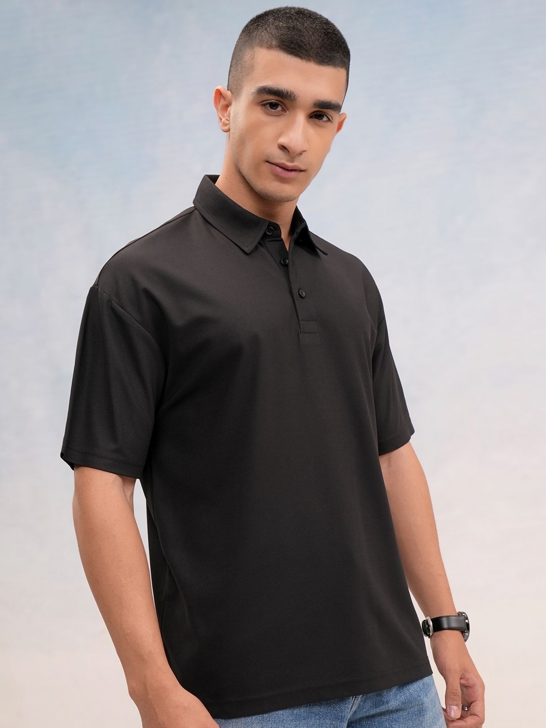 

HIGHLANDER Men Solid Polo Collar Relaxed Fit T-shirt, Black