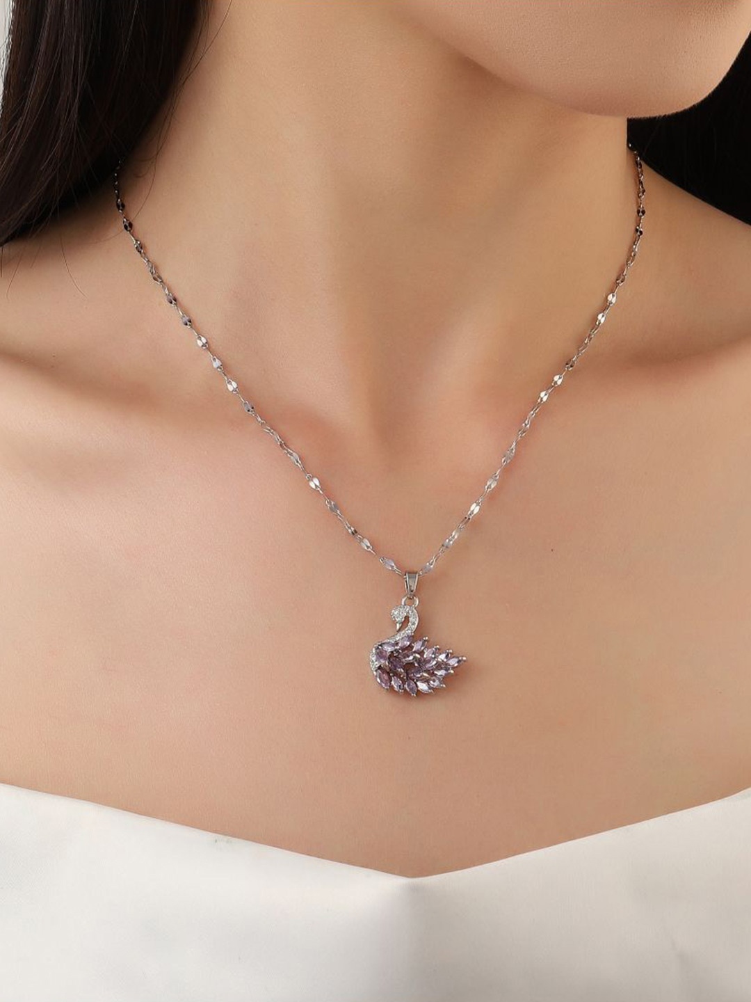 

SALTY Stainless Steel Artificial Stones Pendant With Chain, Silver