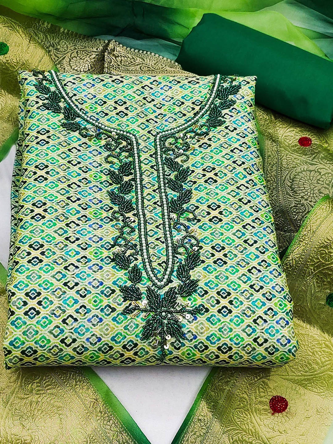 

Ishin Floral Printed Beads and Stones Pure Cotton Unstitched Dress Material, Green