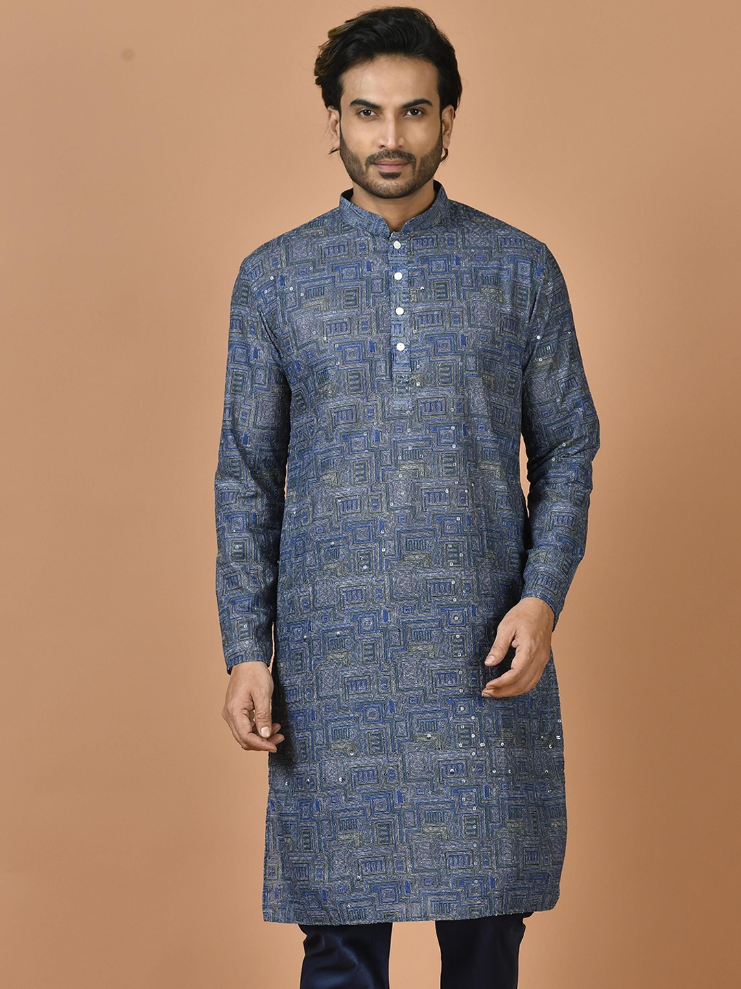 

Sayisha Printed Mandarin Collar Straight Kurta, Blue