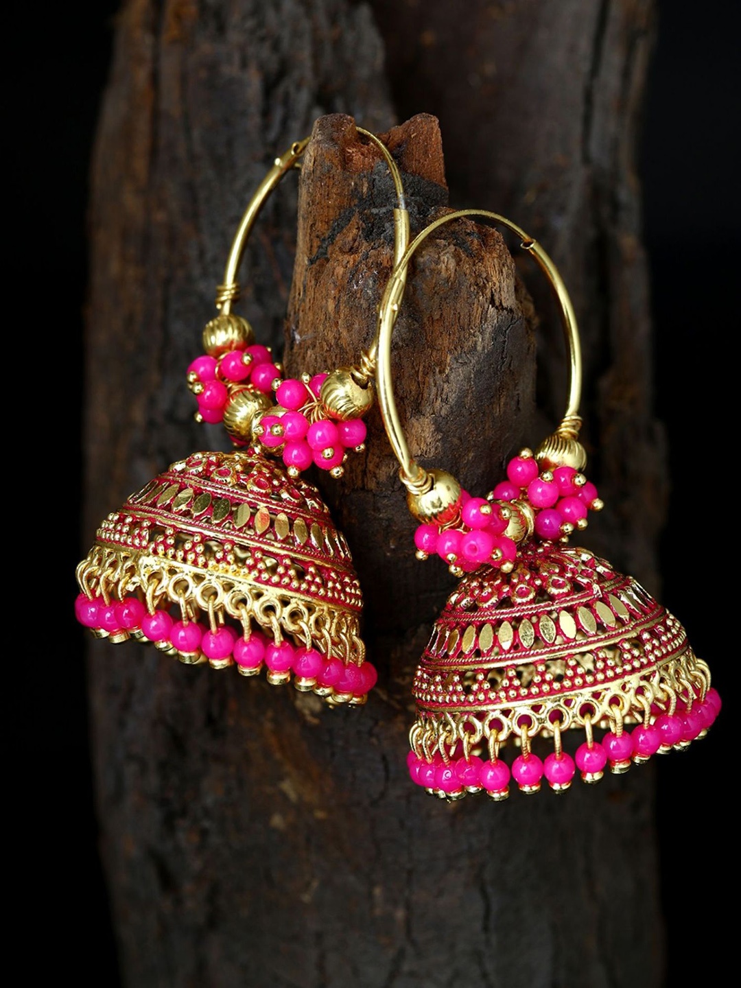 

ANIKAS CREATION Gold Plated Dome Shaped Enamelled Artificial Beads Hoop Jhumkas, Pink