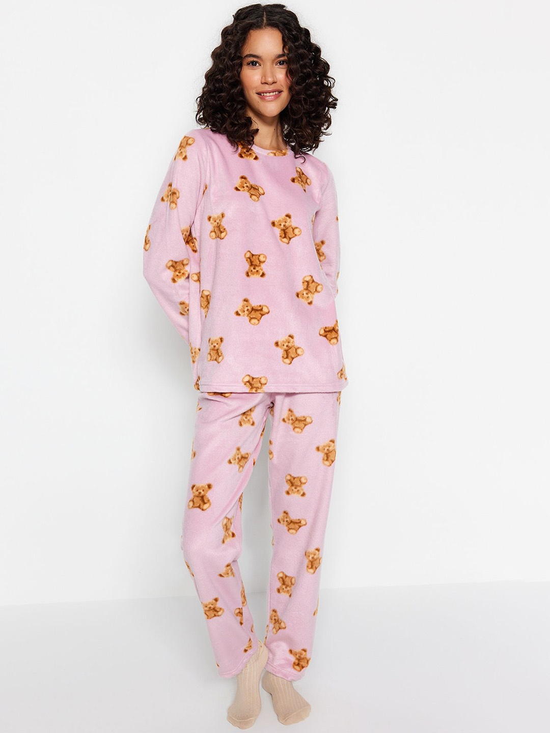 

Trendyol Women Printed Long Sleeves Night suit, Pink