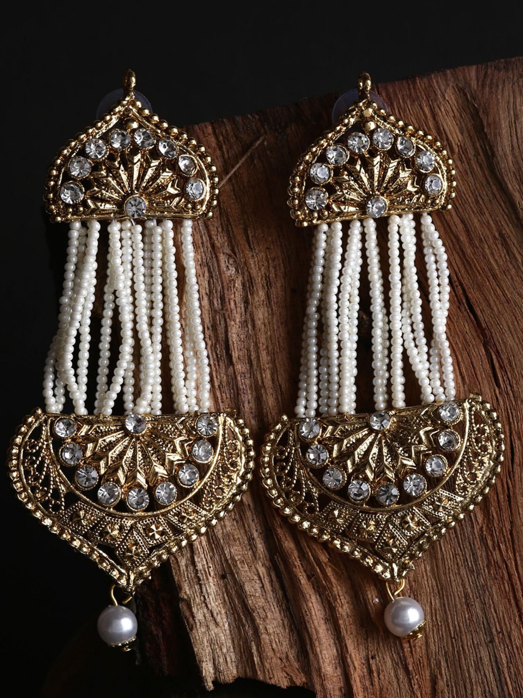 

ANIKAS CREATION Gold Plated Cubic Zircornia Studded & Multistrand Beaded Drop Earrings