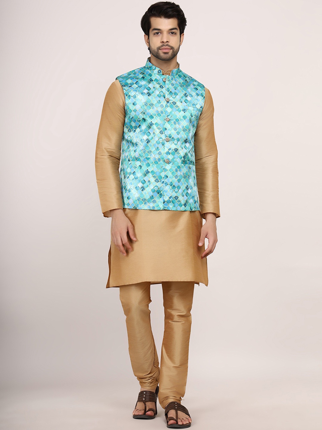 

Sadree Mandarin Collar Dupion Silk Straight Kurta With Churidar & Nehru Jacket, Gold