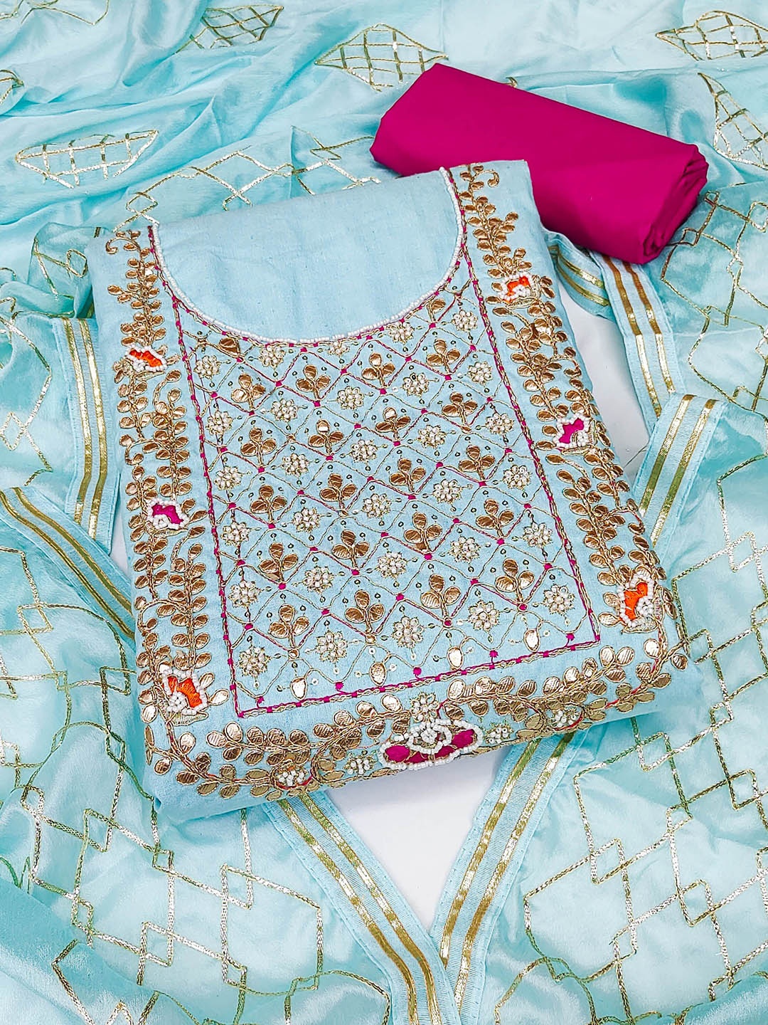 

Ishin Ethnic Motifs Embroidered Beads and Stones Unstitched Dress Material, Teal