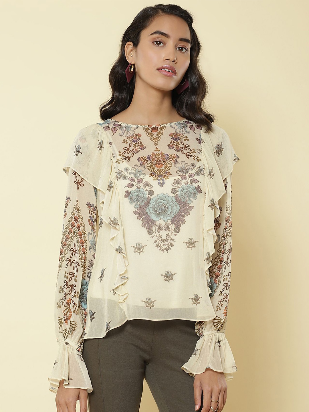 

Label Ritu Kumar Floral Print Bell Sleeve Top, White