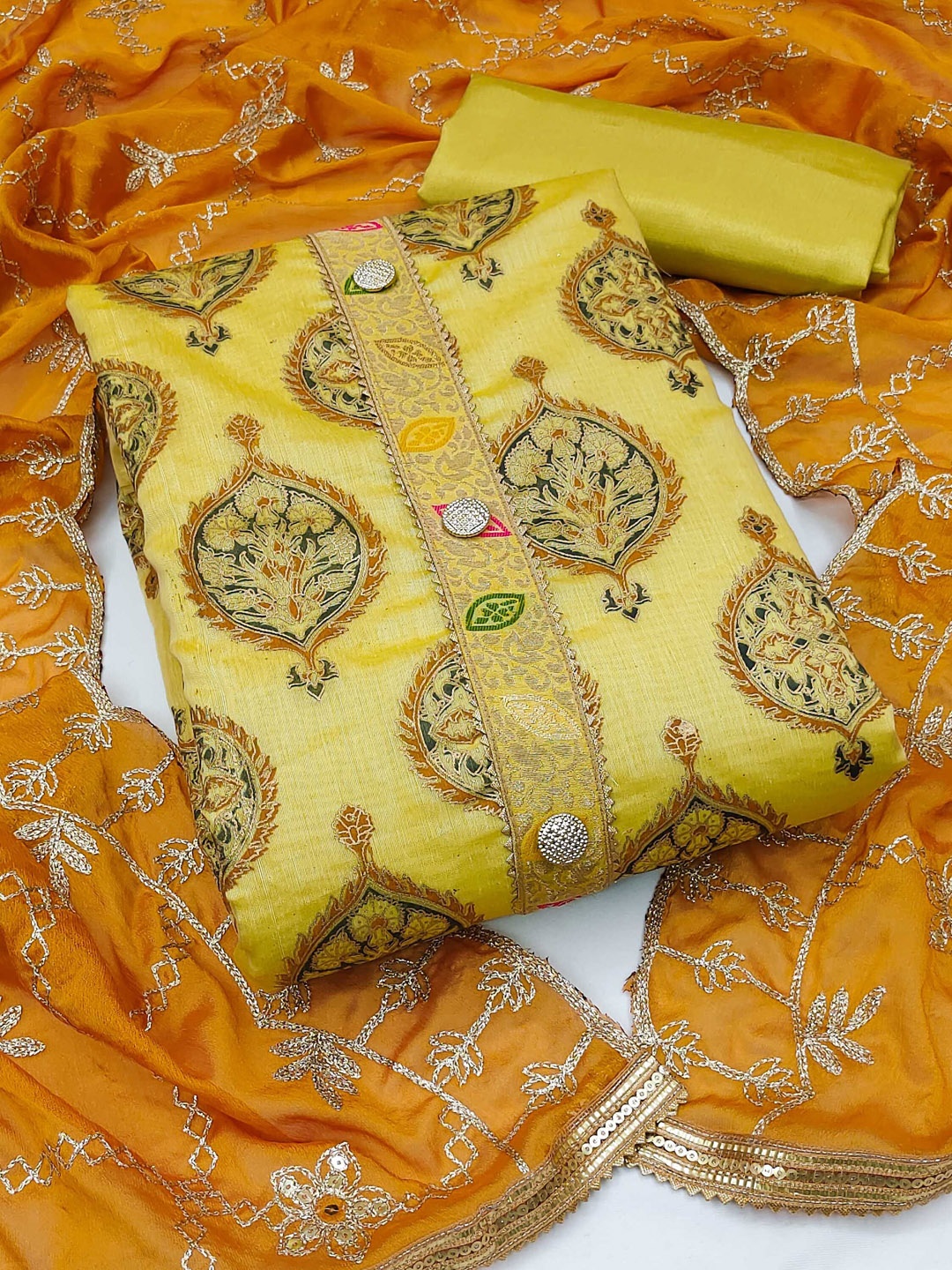 

Ishin Ethnic Motifs Embroidered Unstitched Dress Material, Mustard