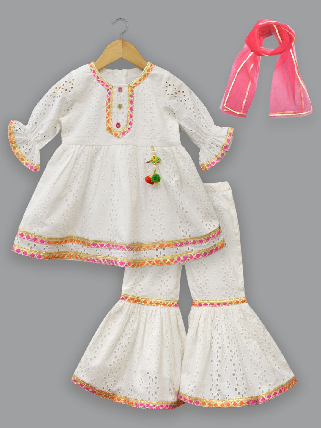 

A.T.U.N. Girls Self Design Regular Gotta Patti Linen A-Line Kurti with Sharara & Dupatta, White